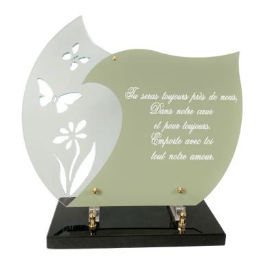 Plaque funéraire en plexiglass avec double coeur et inscription