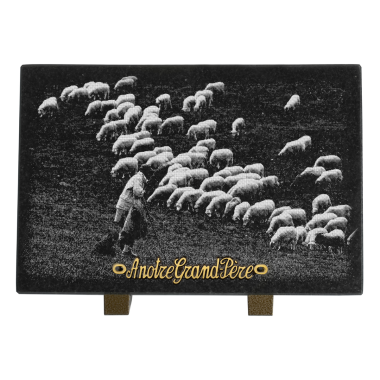 Plaque rectangle photogravure troupeau de moutons et berger 30x20cm