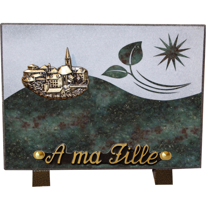 Plaque gravure bronze village 15x20cm