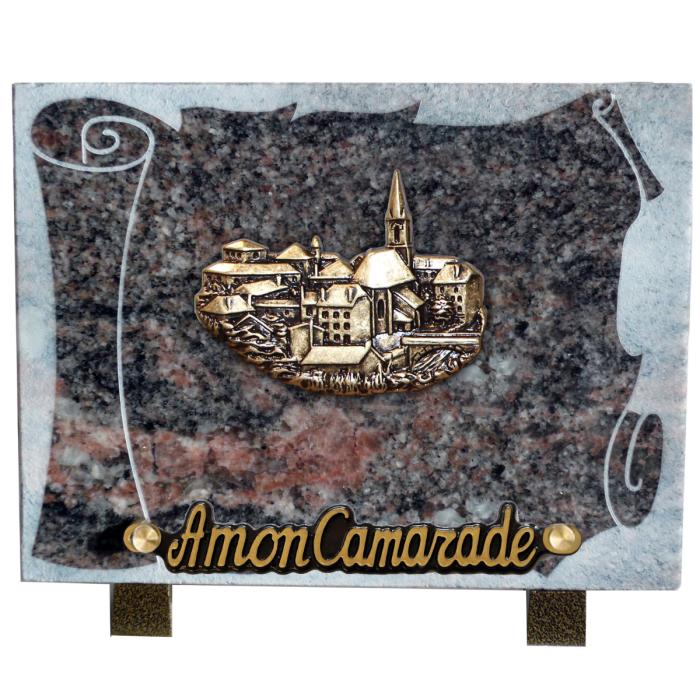Plaque gravure parchemin bronze village 15x20cm