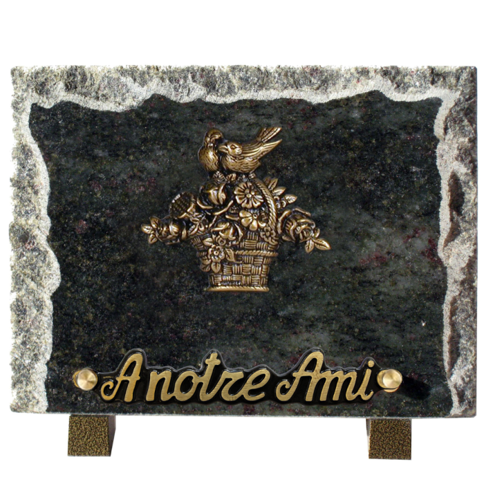 Plaque bords bruts bronze panier fleuri 15x20cm