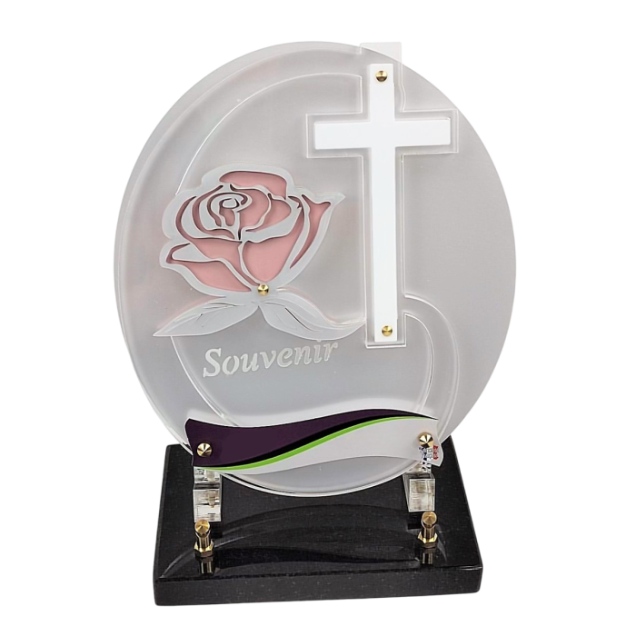 Plaque plexiglas ronde croix rose 23x26cm
