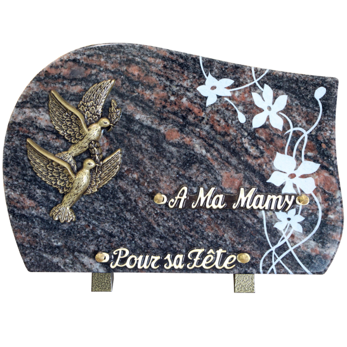 Plaque forme gravure fleurs bronze colombes 20x30cm