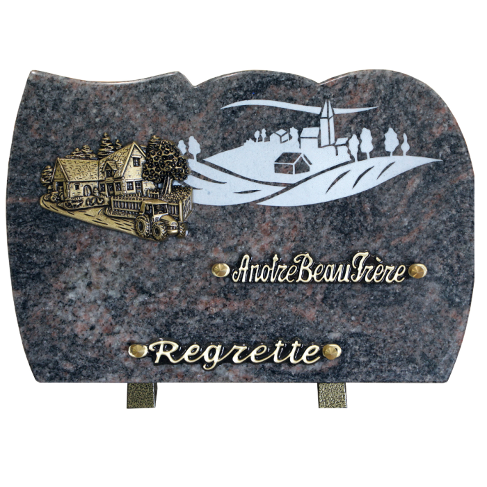 Plaque forme gravure village bronze ferme 20x30cm