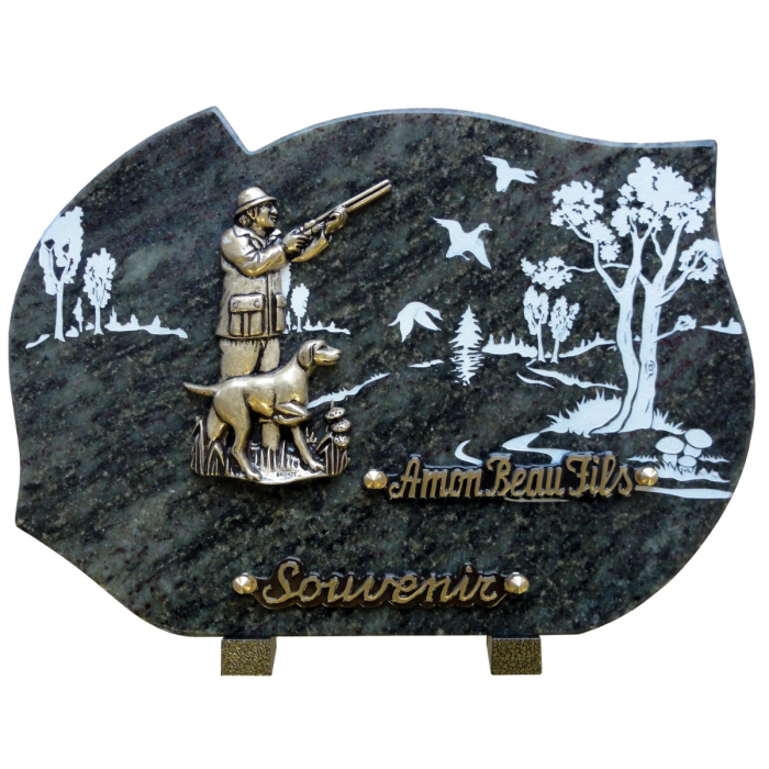 Plaque forme bronze chasseur chien 25x35cm