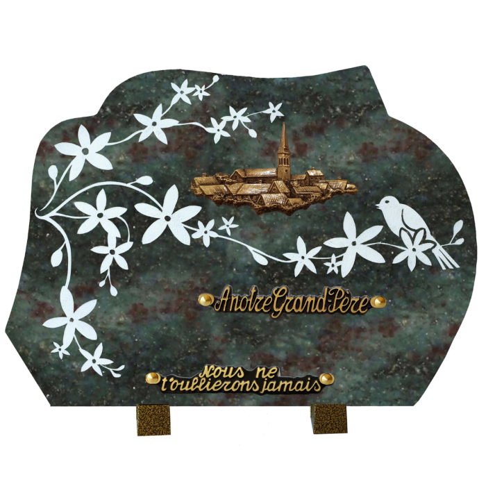 Plaque forme gravure oiseau bronze village 25x35cm