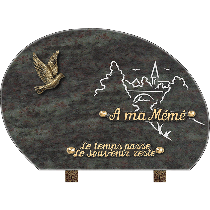 Plaque ronde gravure village bronze colombe 20x30cm