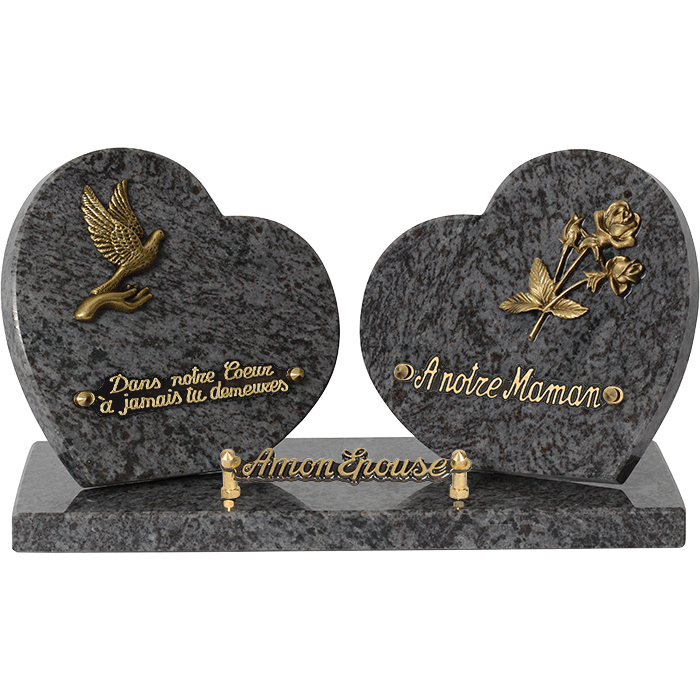 Plaque double coeur bronze colombe roses 20x35cm