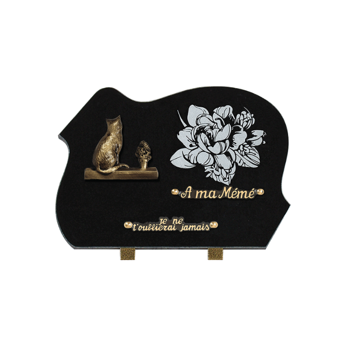 Plaque forme gravure pivoine bronze chat 25x35cm