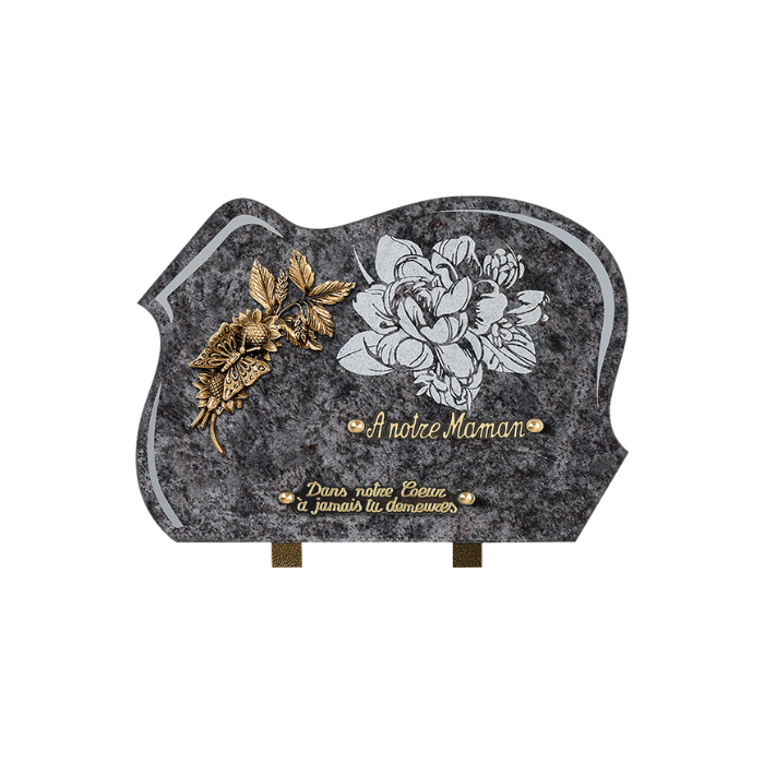 Plaque forme gravure pivoine bronze fleur papillon 25x35cm