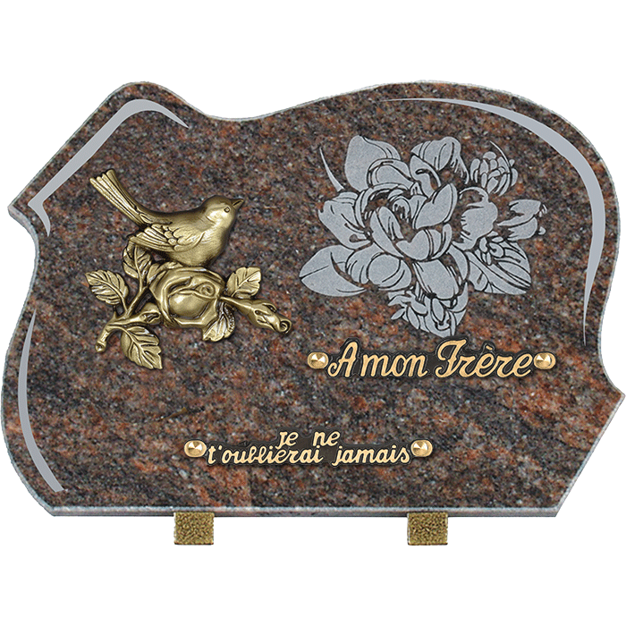 Plaque forme gravure pivoine bronze oiseau 25x35cm