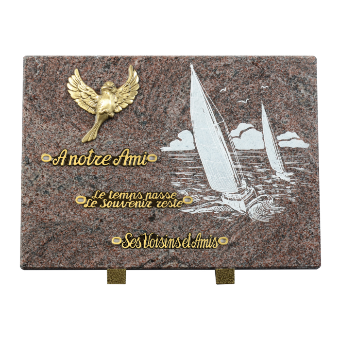 Plaque rectangle bronze oiseau et sablage voilier 35x25cm