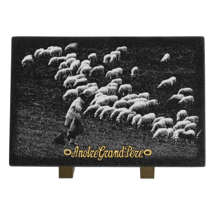 Plaque rectangle photogravure troupeau de moutons et berger 30x20cm