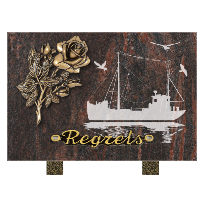 Plaque rectangle motif chalutier et bronze rose 25x18cm