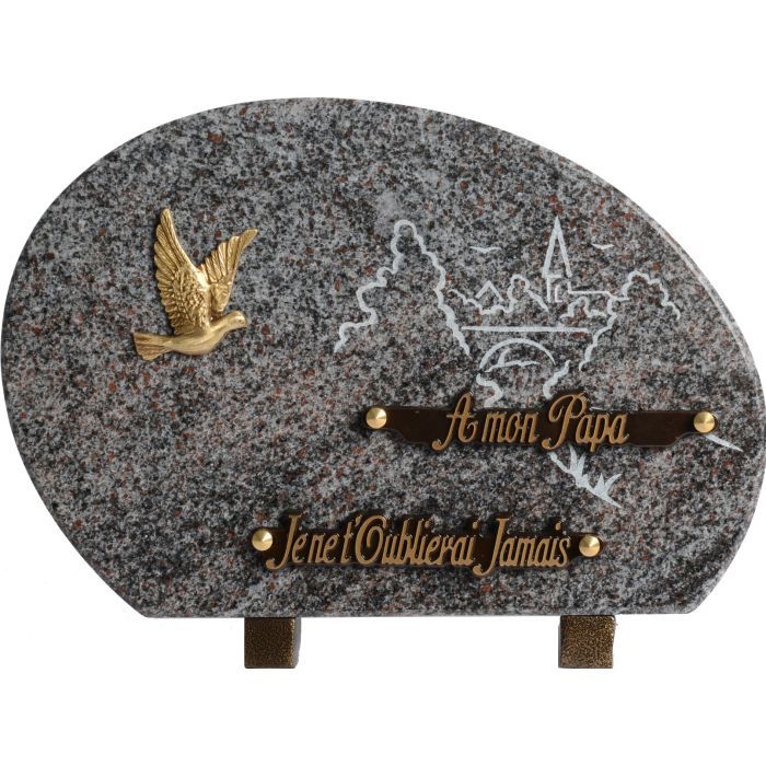 Plaque ronde gravure village bronze colombe 20x30cm