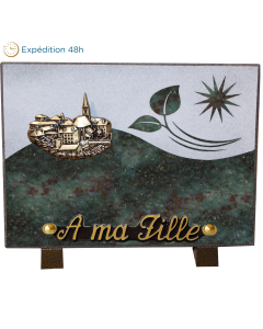Plaque gravure bronze village 15x20cm