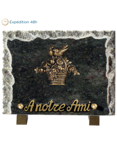 Plaque bords bruts bronze panier fleuri 15x20cm