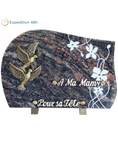 Plaque forme gravure fleurs bronze colombes 20x30cm