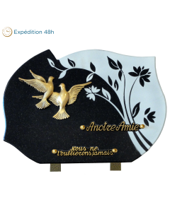 Plaque forme gravure fleur bronze colombes 25x35cm
