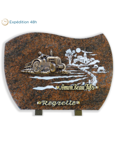 Plaque forme gravure village bronze tracteur 25x35cm