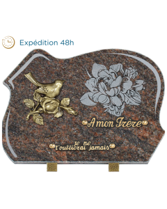 Plaque forme gravure pivoine bronze oiseau 25x35cm