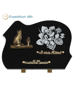 Plaque forme gravure pivoine bronze chat 25x35cm