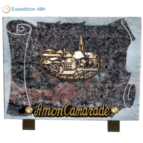Plaque gravure parchemin bronze village 15x20cm