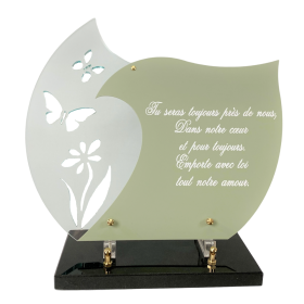 Plaque funéraire en plexiglass avec double coeur et inscription