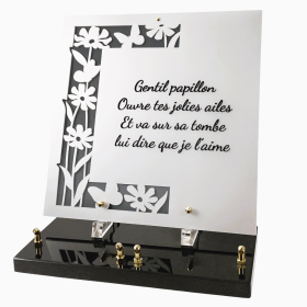 Plaque funéraire en plexiglass avec double coeur et inscription