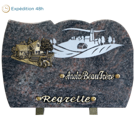 Plaque forme gravure village bronze ferme 20x30cm
