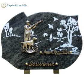 Plaque forme bronze chasseur chien 25x35cm