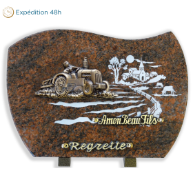 Plaque forme gravure village bronze tracteur 25x35cm