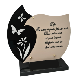 Plaque funéraire en plexiglass avec double coeur et inscription