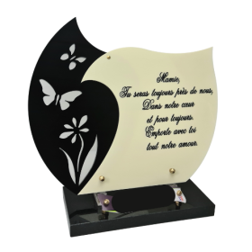 Plaque funéraire en plexiglass avec double coeur et inscription