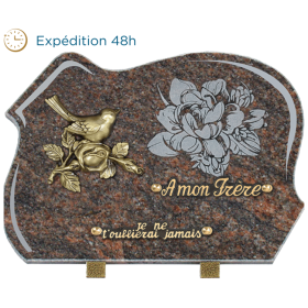 Plaque forme gravure pivoine bronze oiseau 25x35cm