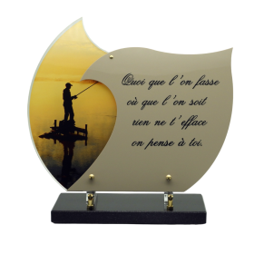 Plaque funéraire en plexiglass avec double coeur et inscription