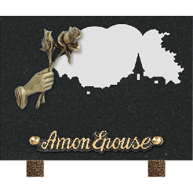 Plaque gravure village bronze main roses 15x20cm