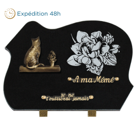 Plaque forme gravure pivoine bronze chat 25x35cm