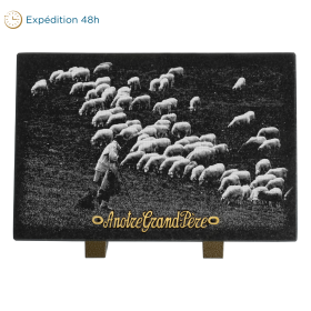 Plaque rectangle photogravure troupeau de moutons et berger 30x20cm