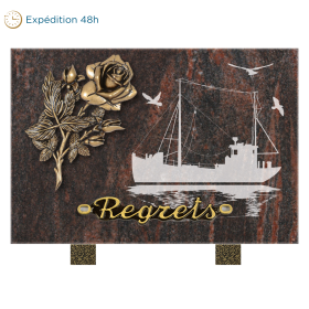 Plaque rectangle motif chalutier et bronze rose 25x18cm