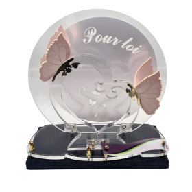 Plaque funéraire plexiglass rounde avec coeur et papillon