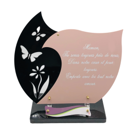 Plaque funéraire en plexiglass avec double coeur et inscription