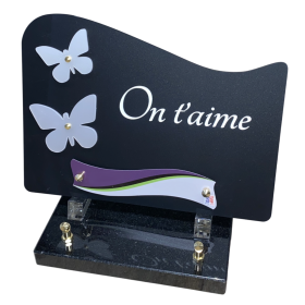Plaque funéraire en plexiglass avec double coeur et inscription