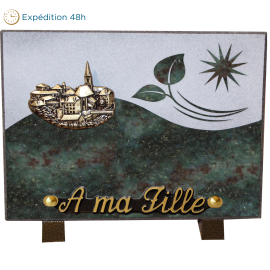 Plaque gravure bronze village 15x20cm