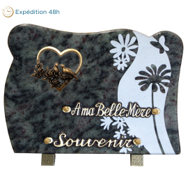 Plaque forme gravure fleurs bronze coeur 18x25cm