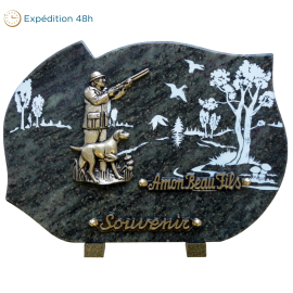 Plaque forme bronze chasseur chien 25x35cm