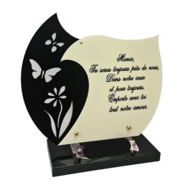 Plaque funéraire en plexiglass avec double coeur et inscription