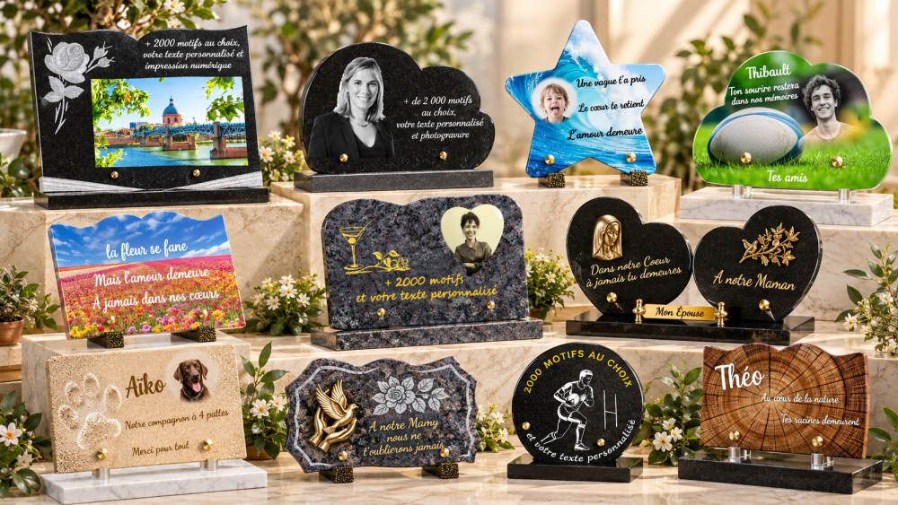 Assortiment de plaques funéraires en granit et plexiglas, personnalisées avec textes, photos et motifs