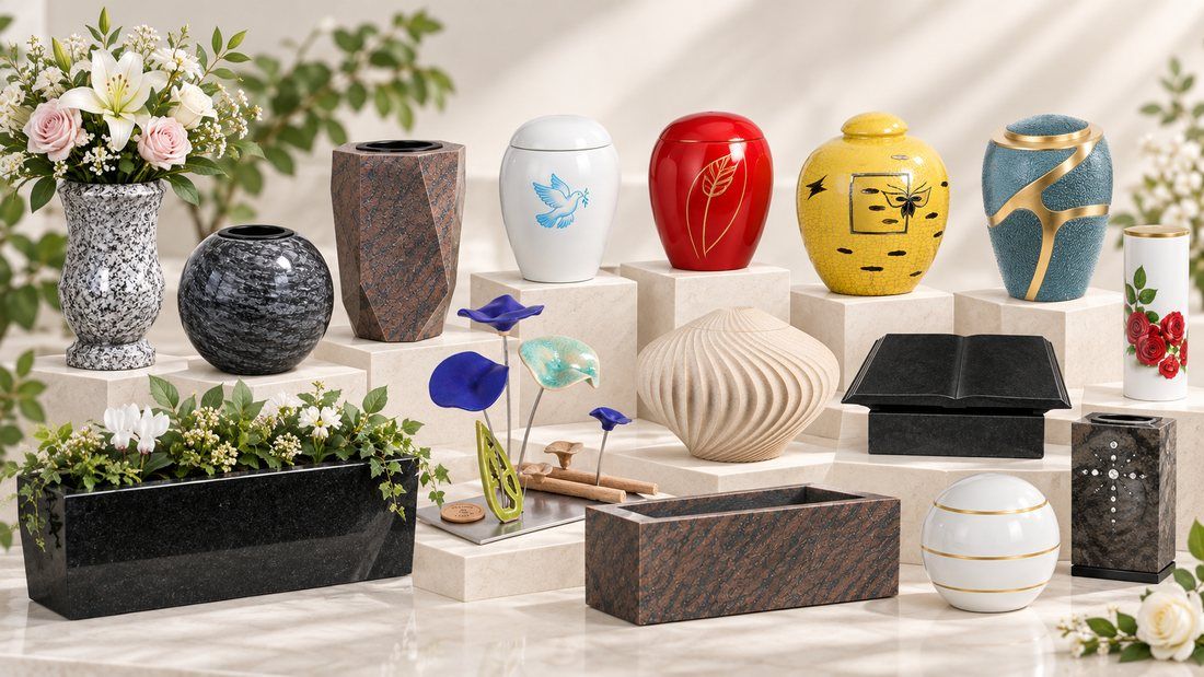 Assortiment d'accessoires funéraires : vases et jardinières en granit, urnes décorées et livre en granit