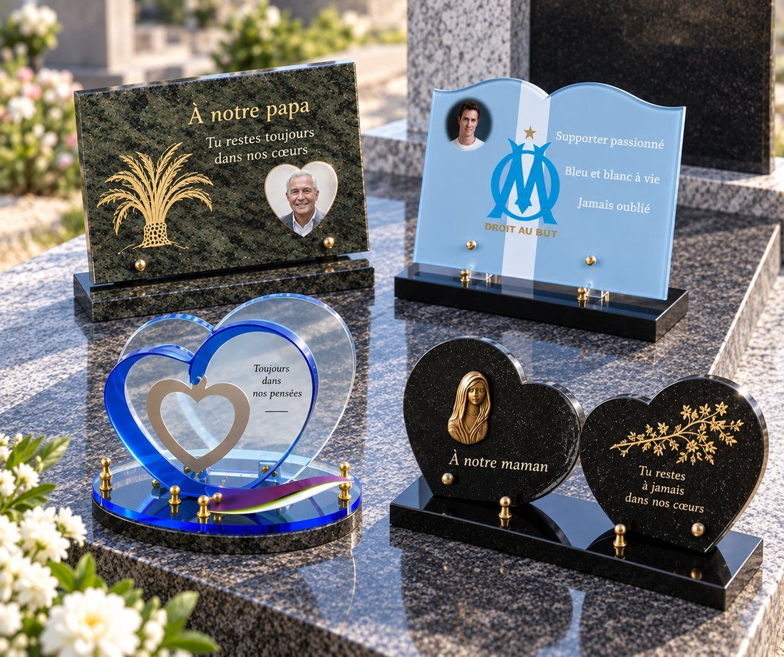 Assortiment de plaques funéraires en granit et plexiglas, personnalisées avec textes, photos et motifs